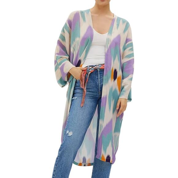 Anthropologie Bel Kazan OS Colorful Artisan Print Layering Open Kimono Duster - Picture 1 of 14
